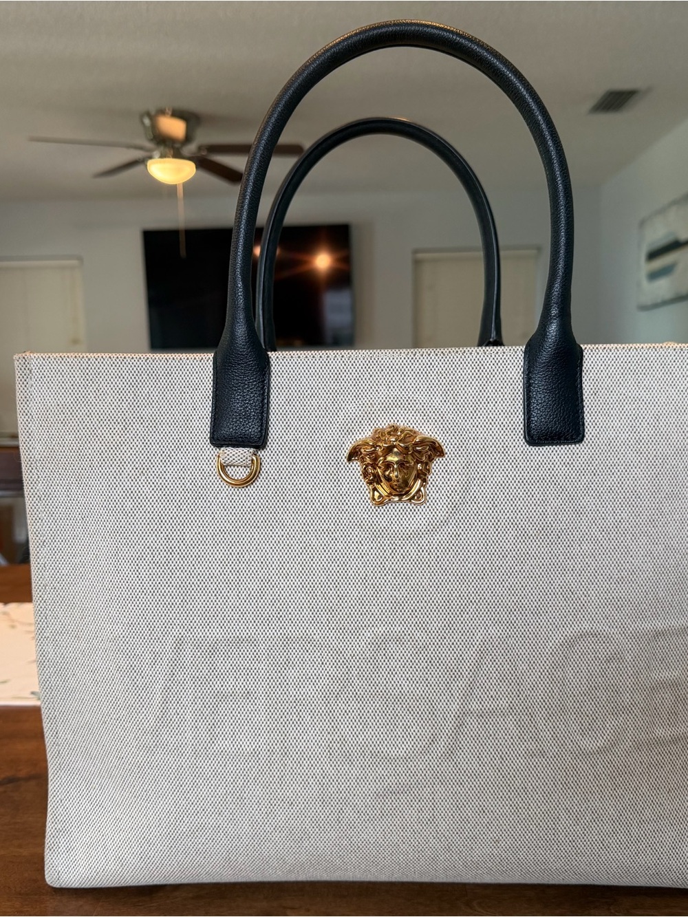 Versace Beige Canvas Tote with Black Leather Handles and Gold Medusa Accent